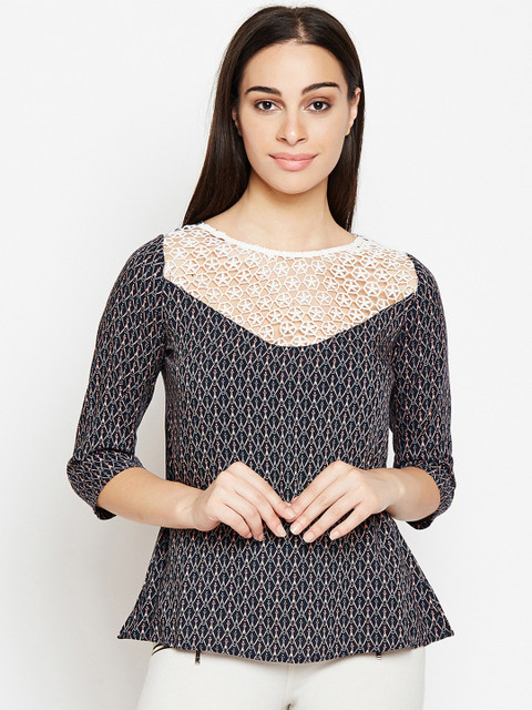 

Meee Women Navy Blue & White Self Design Top