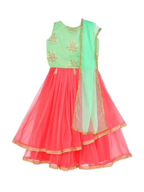 

K&U Girls Sea Green & Red Woven Design Ready to Wear Lehenga & Blouse with Dupatta