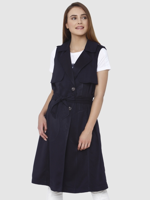 

Vero Moda Women Navy Blue Solid Knee Length Single-Breasted Trench Coat