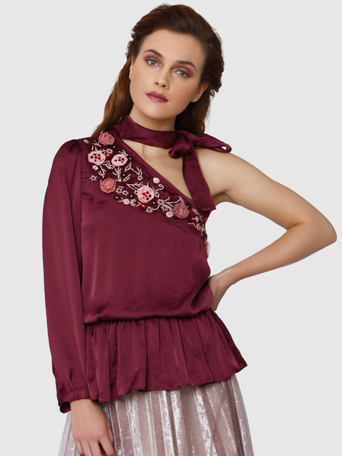 

Vero Moda Women Burgundy Embellished Top