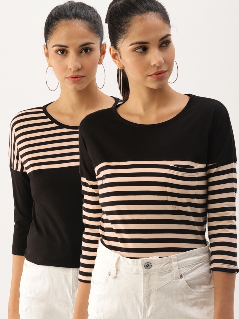 

DressBerry Women Pack Of 2 Striped Round Neck T-shirts, Black
