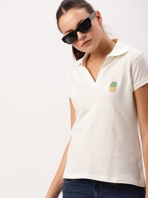 

DressBerry Women Off-White Solid Polo T-shirt