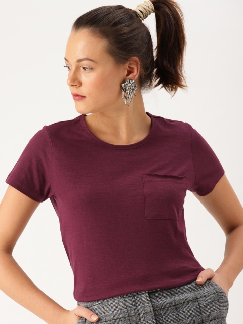 

DressBerry Women Burgundy Solid Round Neck T-shirt