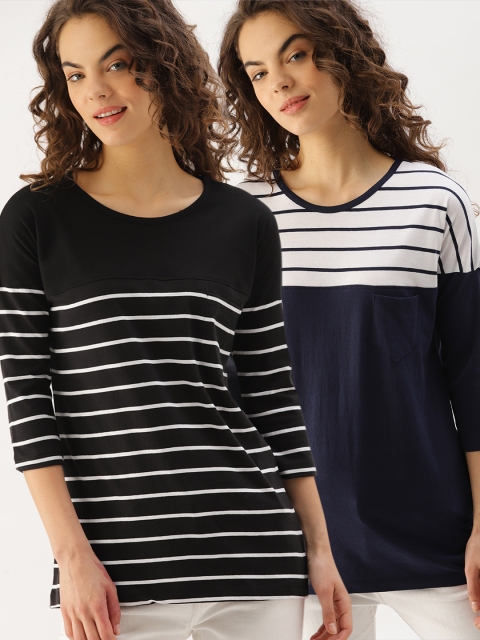 

DressBerry Women Navy Blue Striped Round Neck T-shirt