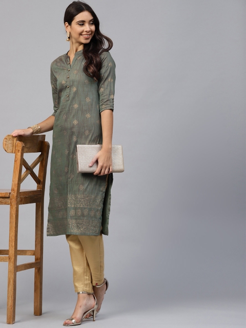 

Shree Women Grey & Golden Printed Straight Kurta, Green