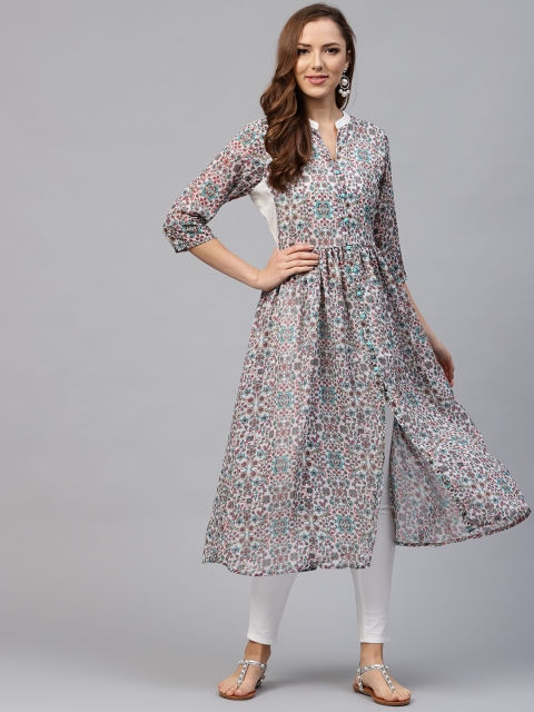 

Shree Women White & Teal Blue Printed A-Line Kurta