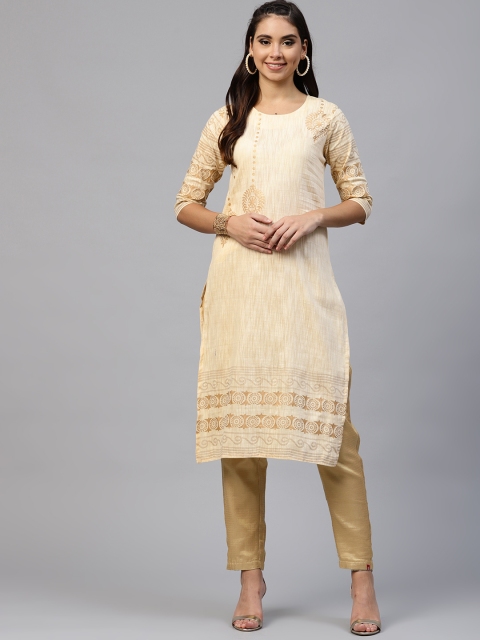 

Shree Women Beige & Golden Printed Straight Kurta