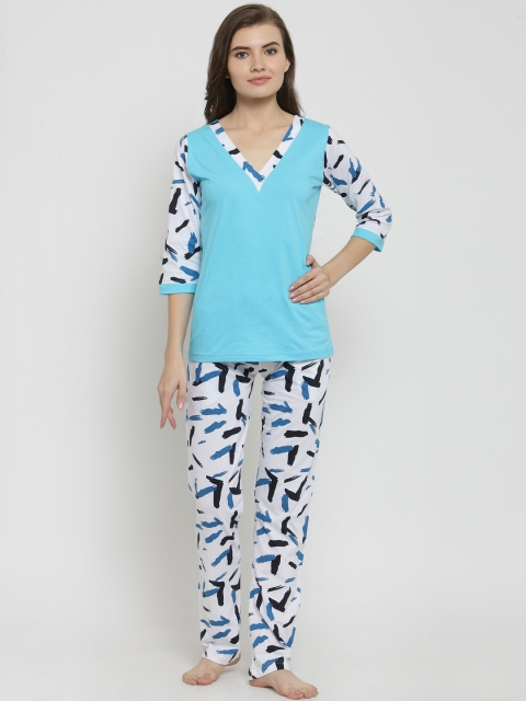 

Claura Women Turquoise Blue & White Printed Night suit cot-109-Blue-LT