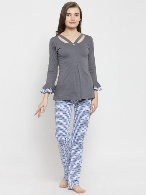 

Claura Women Grey & Blue Solid Night suit cot-113