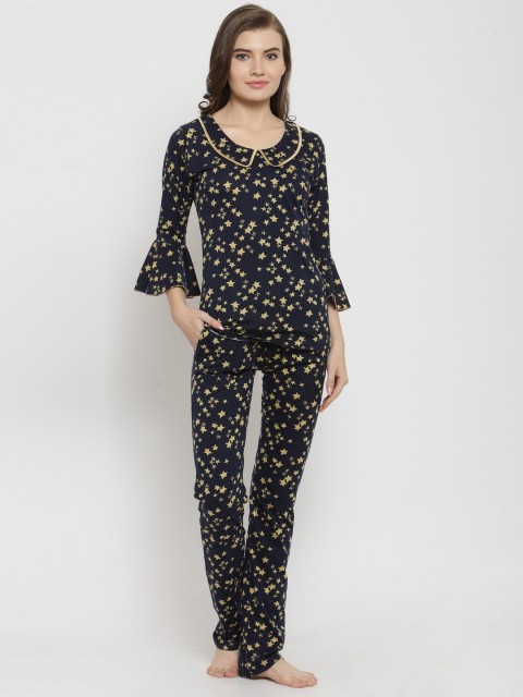 

Claura Women Navy Blue & Yellow Printed Night suit