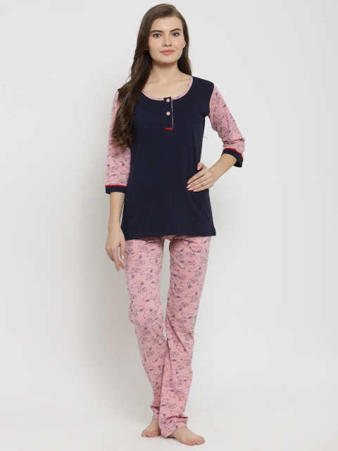 

Claura Women Pink & Navy Blue Printed Night suit cot-110-Pink-LT