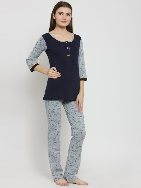 

Claura Women Grey & Navy Blue Printed Night suit cot-110-grey-LT
