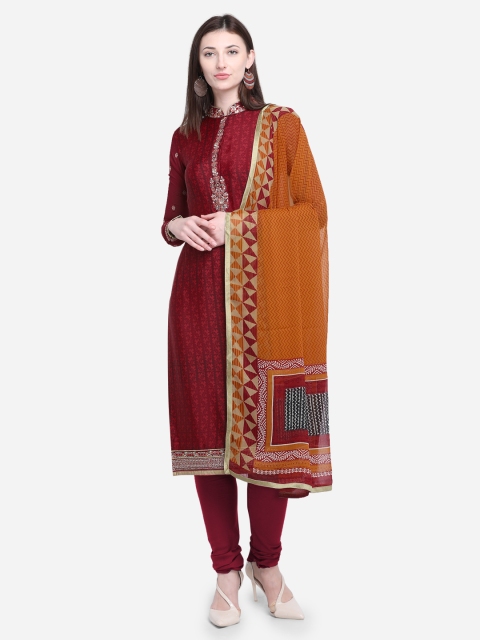 

Stylee LIFESTYLE Maroon & Orange Poly Crepe Unstitched Dress Material