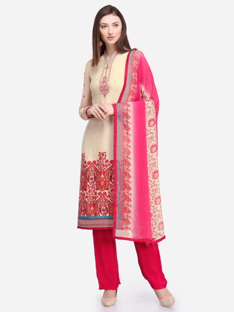 

Stylee LIFESTYLE Cream-Coloured & Pink Poly Crepe Embroidered Unstitched Dress Material