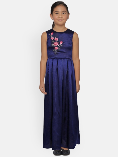

YK Girls Navy Blue Solid Fit and Flare Maxi Dress
