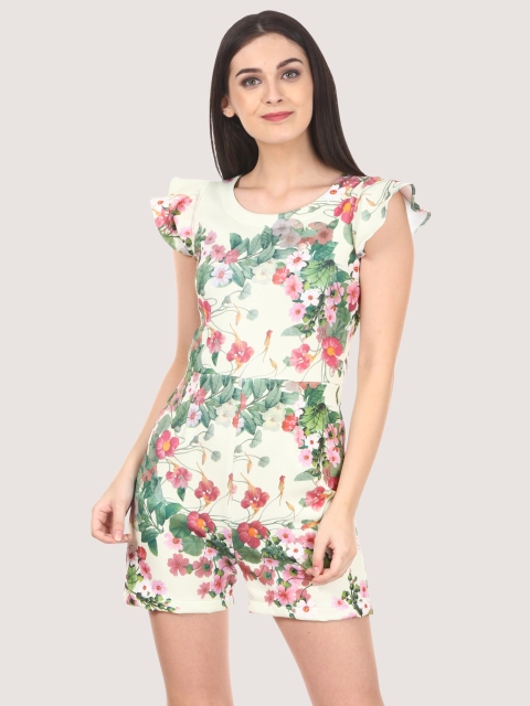 

Saadgi Off-White & Green Printed Playsuit