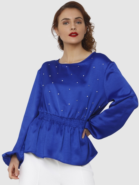 

Vero Moda Women Blue Solid Embellished Peplum Top