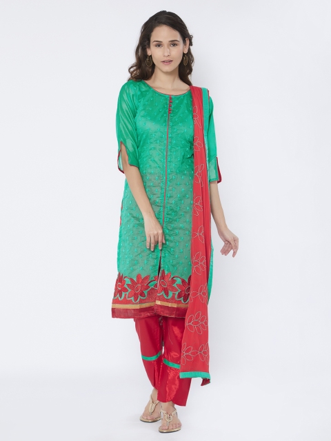 

Satrani Green & Red Silk Blend Semi-Stitched Dress Material