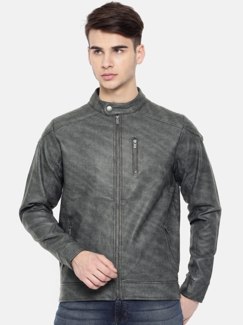 

Pepe Jeans Men Grey Printed Biker Jacket