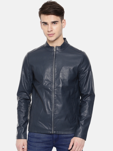 

Pepe Jeans Men Navy Blue Solid Biker Jacket