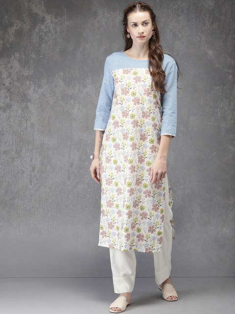

Anouk Women Off-White & Blue Floral Print Straight Kurta