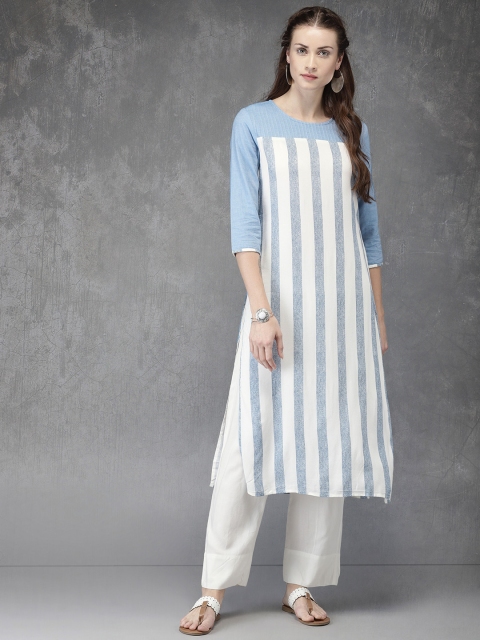 

Anouk Women White & Blue Striped Straight Kurta