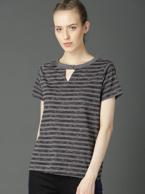 

Roadster Women Grey Striped Round Neck T-shirt