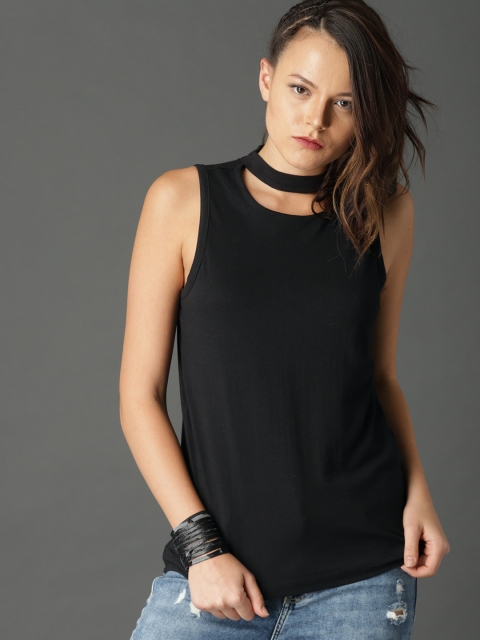

Roadster Women Black Solid Chocker Neck Top