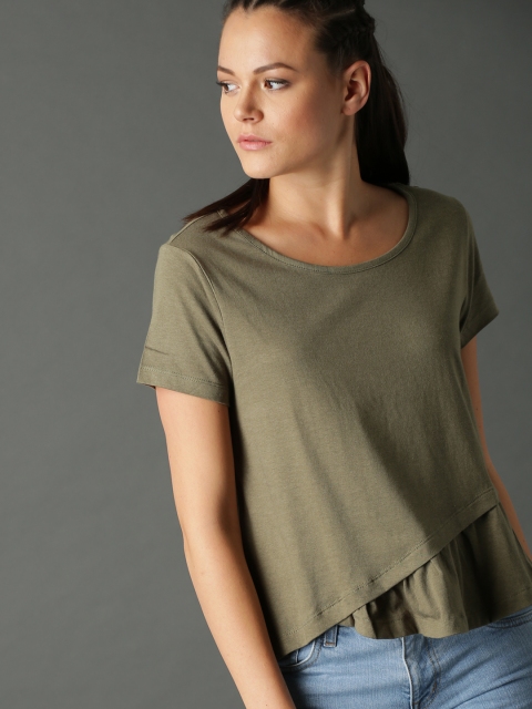 

Roadster Women Olive Green Solid Asymmetric Top