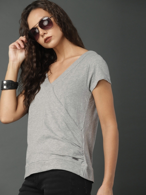 

Roadster Women Grey Melange Solid Pure Cotton Top