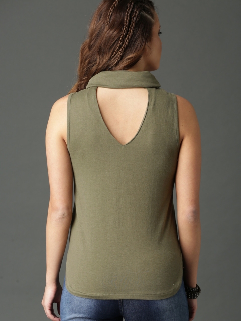 

Roadster Women Olive Green Solid Styled Back Top