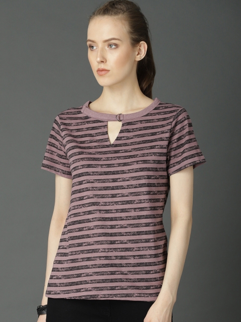 

Roadster Women Mauve Striped Round Neck T-shirt