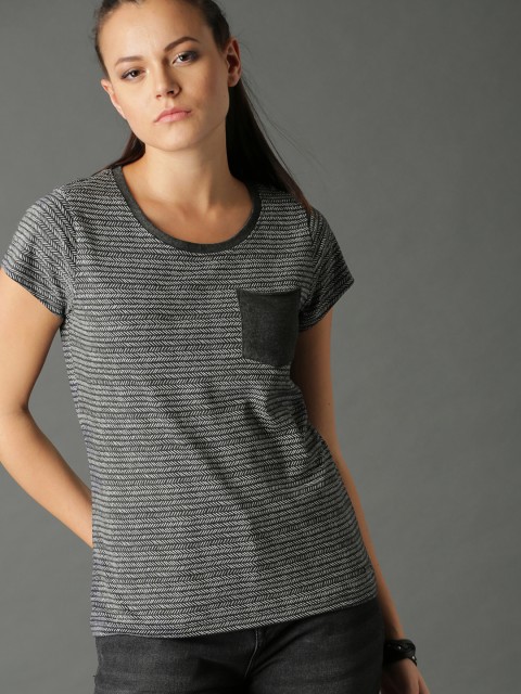 

Roadster Women Black Printed Round Neck T-shirt
