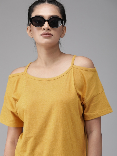 

Roadster Women Mustard Yellow Solid Top With Cold Shoulder Sleeves