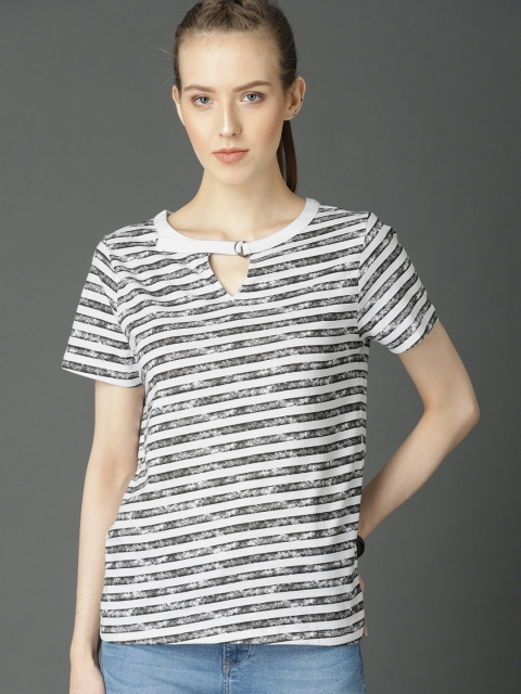 

Roadster Women White & Black Striped Round Neck T-shirt