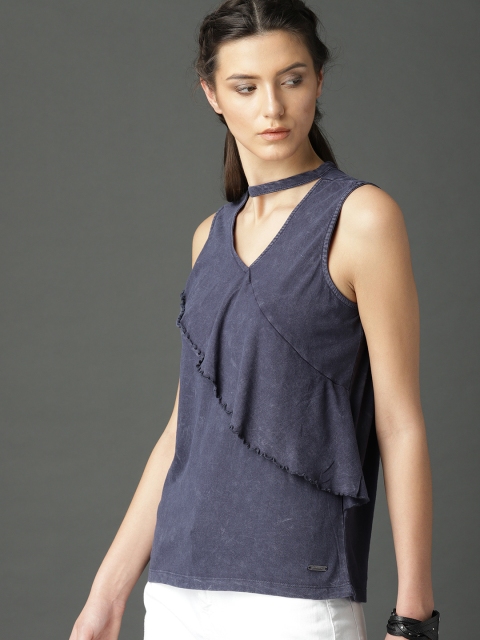 

Roadster Women Blue Solid Layered Pure Cotton Top