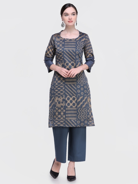 

Inddus Women Grey & Blue Self Design Kurta with Palazzos