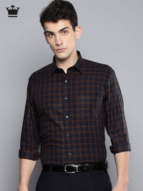

Louis Philippe Men Navy & Brown Slim Fit Checked Formal Shirt, Navy blue