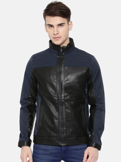 

Pepe Jeans Men Blue & Black Colourblocked Biker Jacket