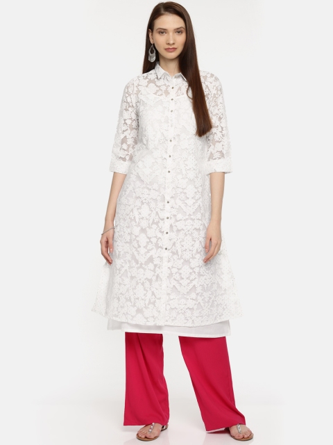 

W Women White Self-Design Layered Straight Kurta