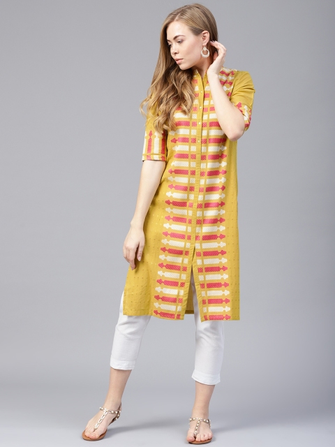 

W Women Mustard Yellow Woven Design Straight Kurta