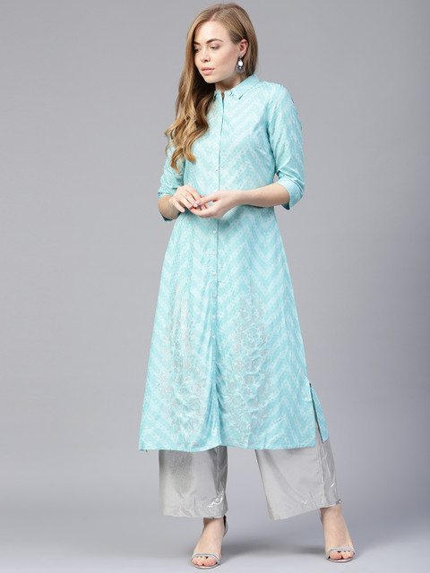 

W Women Blue & Silver Printed A-Line Kurta