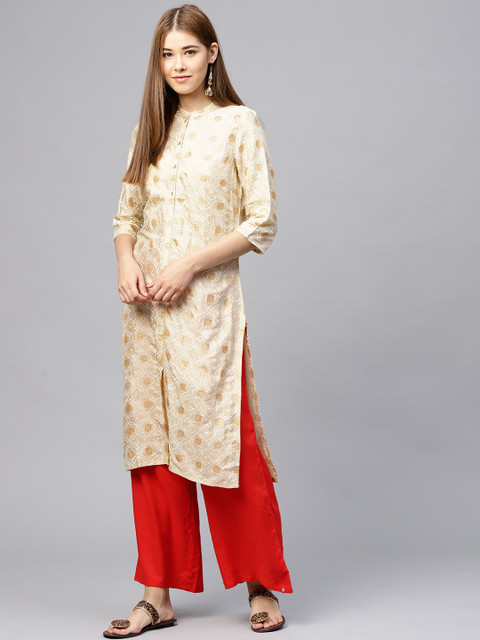

W Women Beige & Golden Printed Straight Kurta