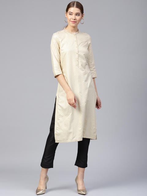 

W Women Beige & Golden Printed Straight Kurta