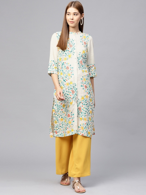 

W Women Off-White & Green Printed Straight Kurta