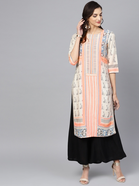 

W Women Off-White & Orange Printed Straight Kurta