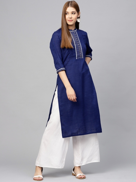 

W Women Navy Blue Solid Straight Kurta