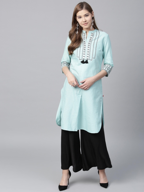 

W Women Blue Yoke Design Straight Kurta