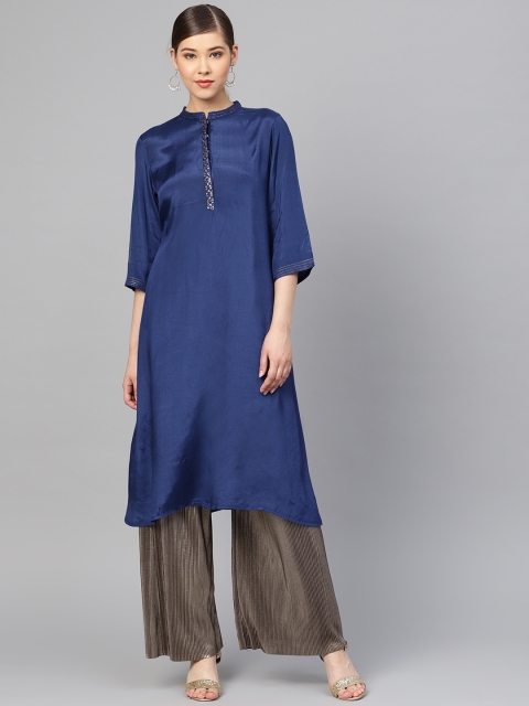 

W Women Navy Blue Solid Straight Kurta