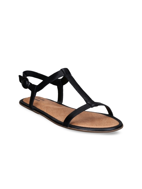 

Clarks Women Black Solid Leather Open Toe Flats